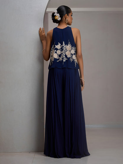 Navy Georgette Halter Crop Top With Georgette Flared Sharara Pants And Stole