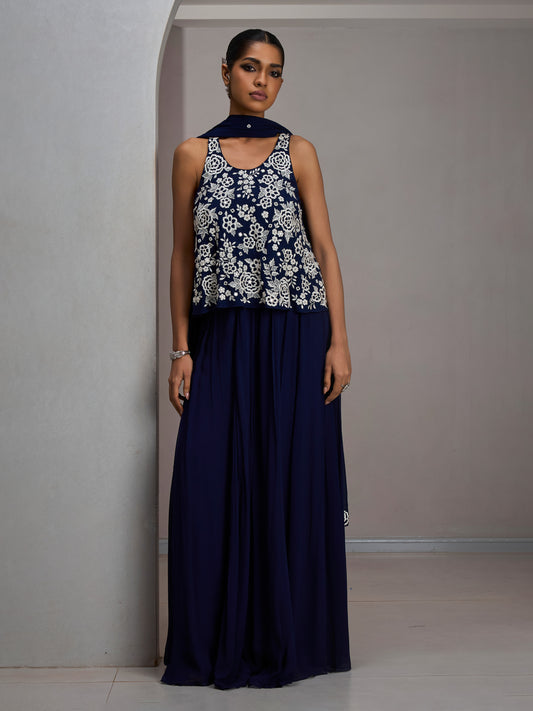 Navy Crop Top With Georgette Flared Sharara Pant And Stole Dupatta