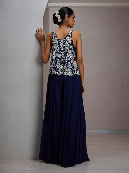 Navy Crop Top With Georgette Flared Sharara Pant And Stole Dupatta