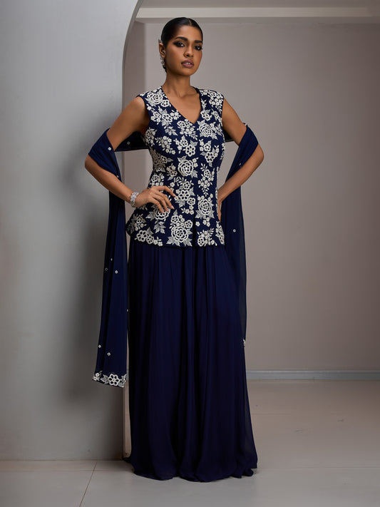 Navy Jacket With Georgette Flared Sharara Pants