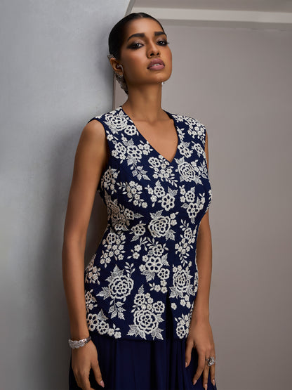 Navy Jacket With Georgette Flared Sharara Pants