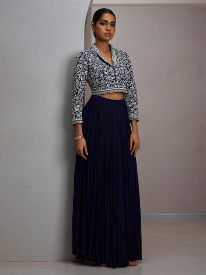 Navy Crop Jacket With Gather Skirt