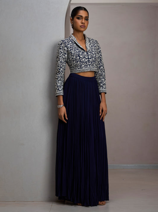 Navy Crop Jacket With Gather Skirt