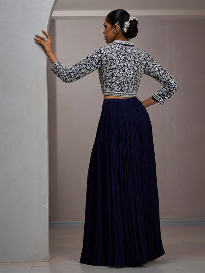 Navy Crop Jacket With Gather Skirt