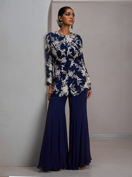 Navy Ivory Full Sleeves Jacket With Pants