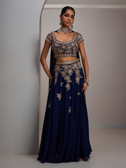 Navy Net Blouse With Georgette Skirt And Choker