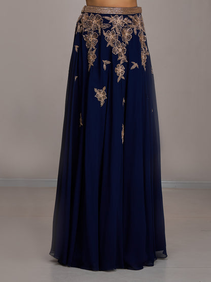 Navy Net Blouse With Georgette Skirt And Choker