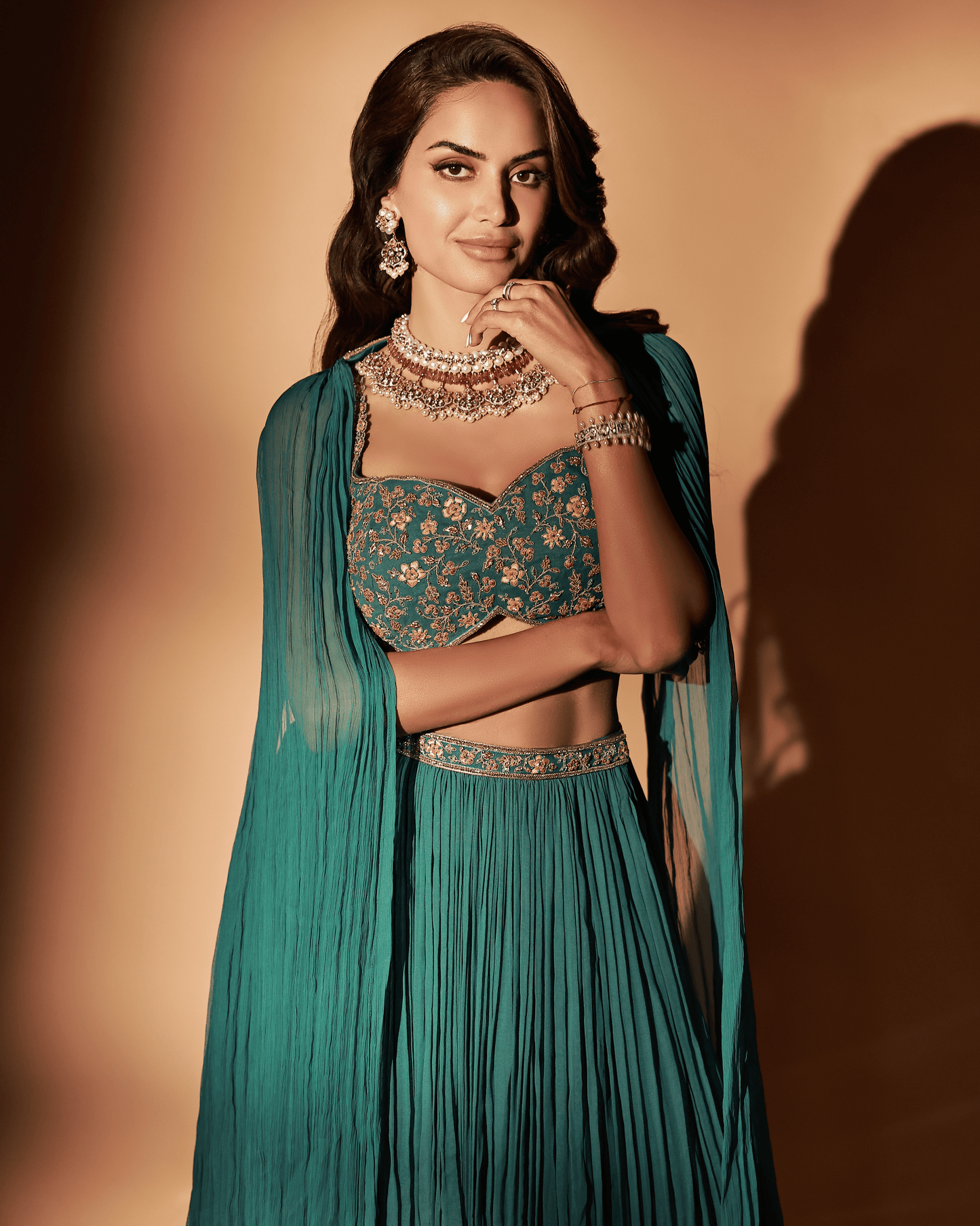 Teal Georgette Embroidered Skirt Set