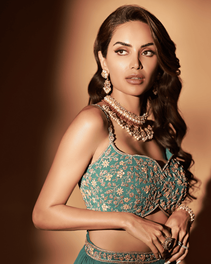 Teal Georgette Embroidered Skirt Set