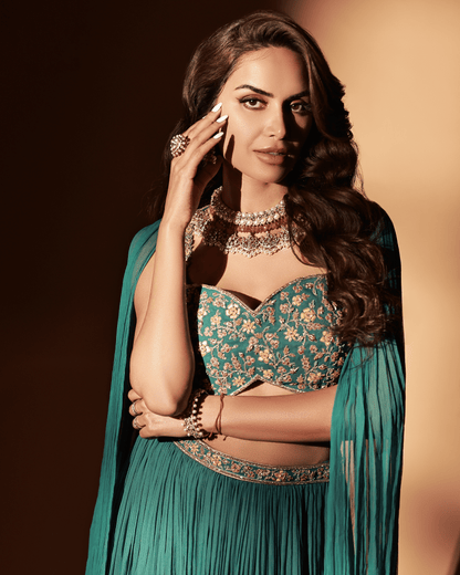 Teal Georgette Embroidered Skirt Set