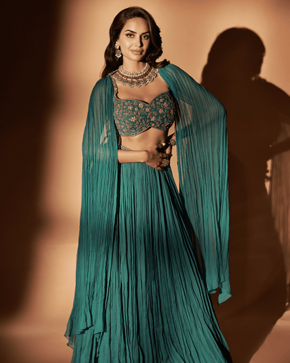 Teal Georgette Embroidered Skirt Set