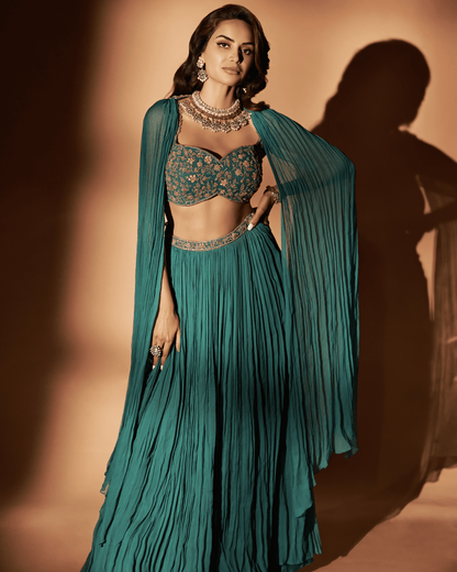 Teal Georgette Embroidered Skirt Set