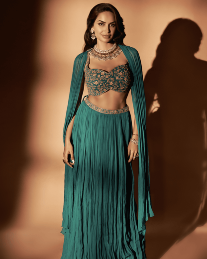 Teal Georgette Embroidered Skirt Set