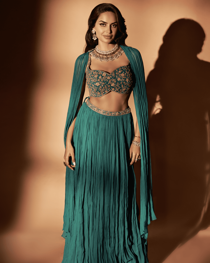Teal Georgette Embroidered Skirt Set