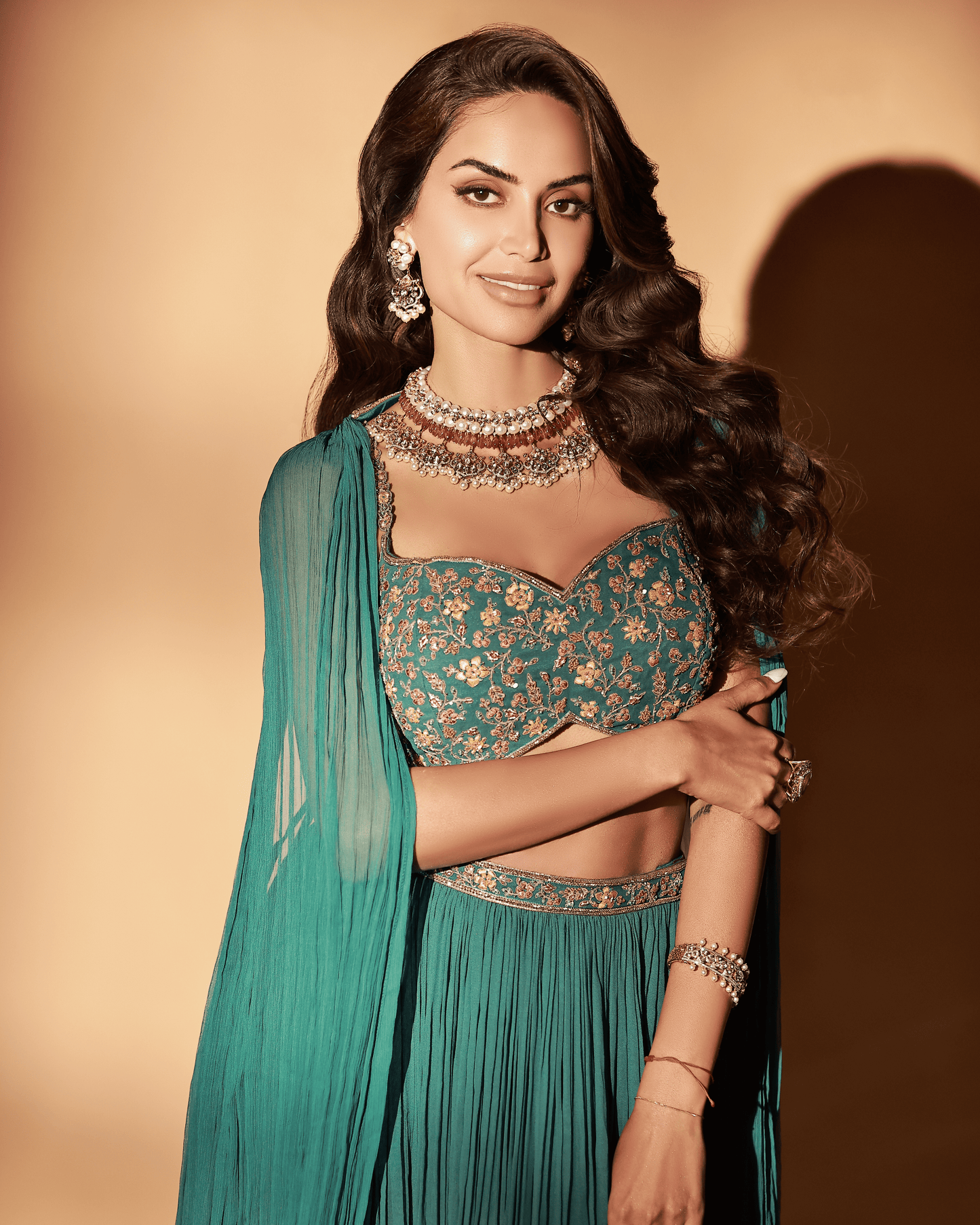 Teal Georgette Embroidered Skirt Set