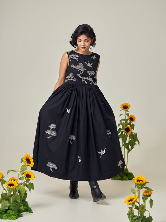Black Popline Flamingo Dress