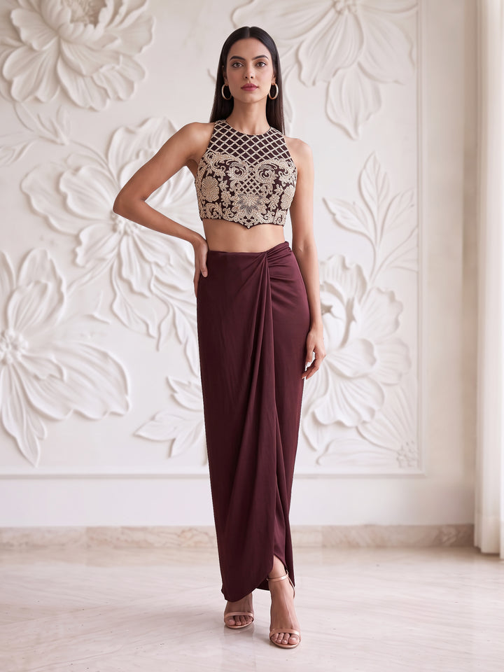 CHOCOLATE BROWN EMBROIDERED BLOUSE WITH DRAPE SKIRT