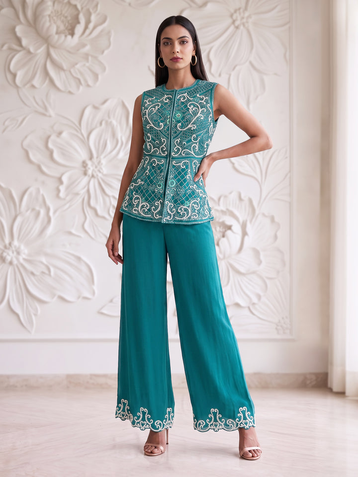 TEAL BLUE EMBROIDERED SLEEVELESS JACKET WITH PLAZZO
