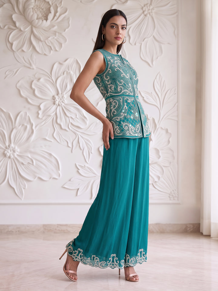 TEAL BLUE EMBROIDERED SLEEVELESS JACKET WITH PLAZZO