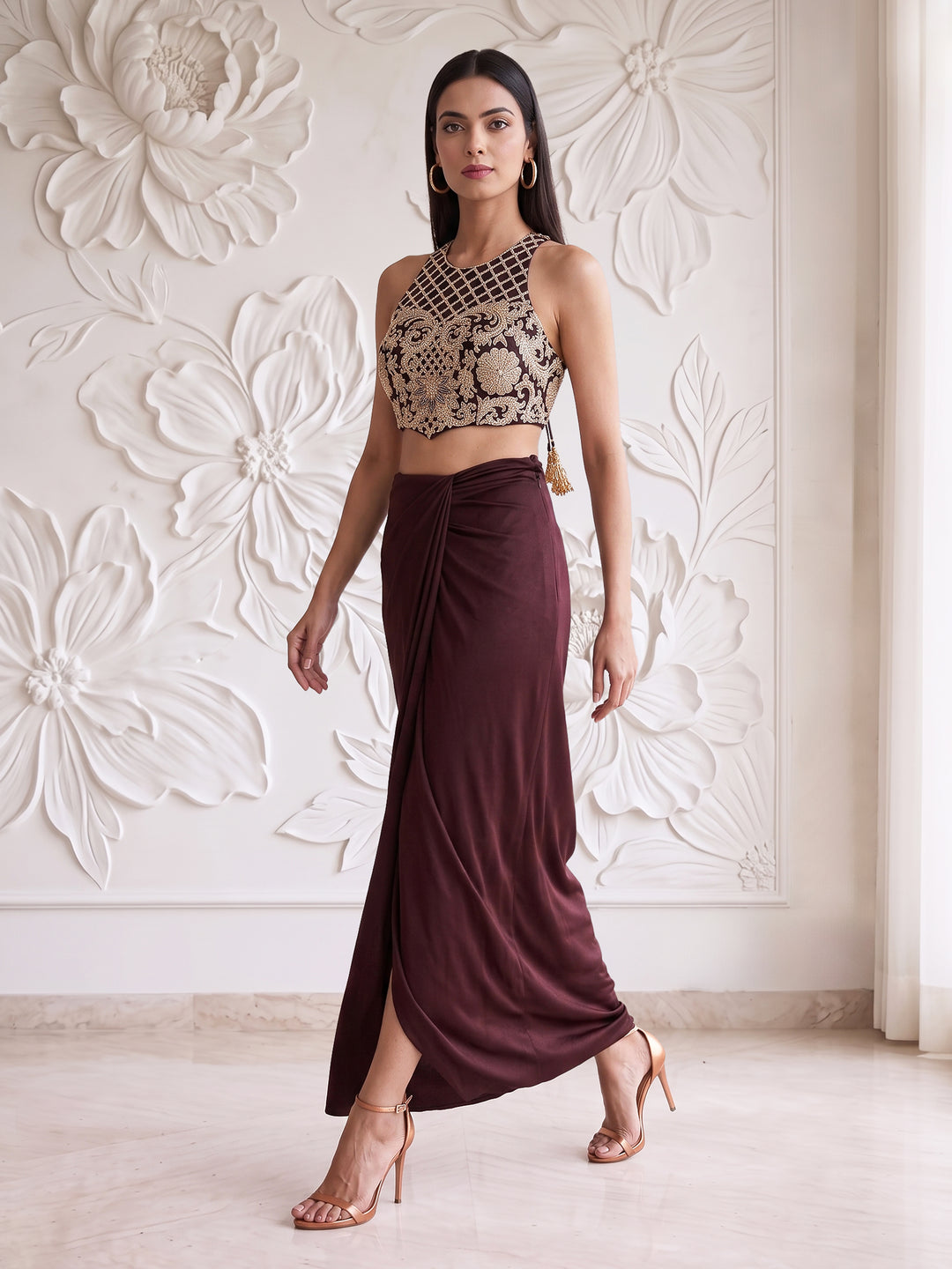 CHOCOLATE BROWN EMBROIDERED BLOUSE WITH DRAPE SKIRT