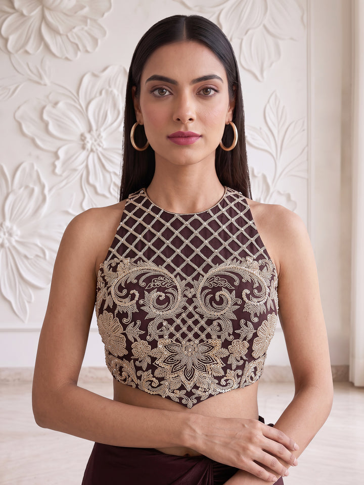 CHOCOLATE BROWN EMBROIDERED BLOUSE WITH DRAPE SKIRT