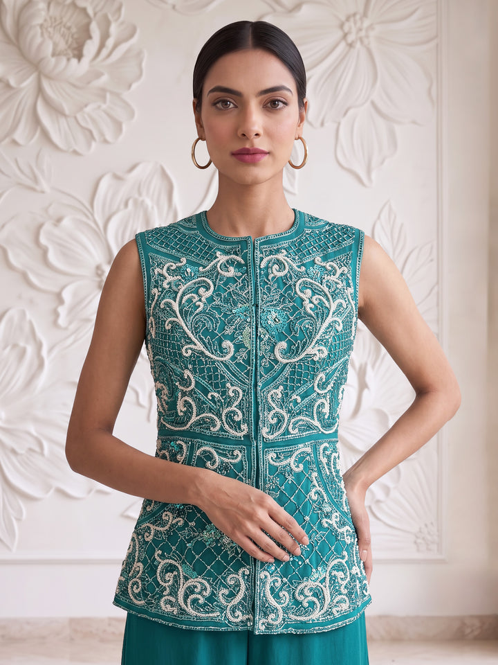 TEAL BLUE EMBROIDERED SLEEVELESS JACKET WITH PLAZZO