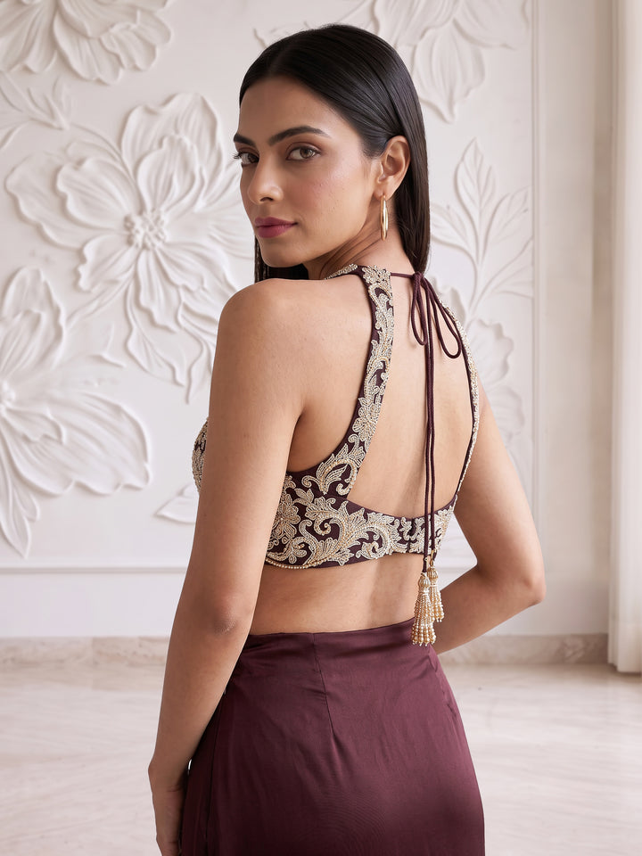 CHOCOLATE BROWN EMBROIDERED BLOUSE WITH DRAPE SKIRT