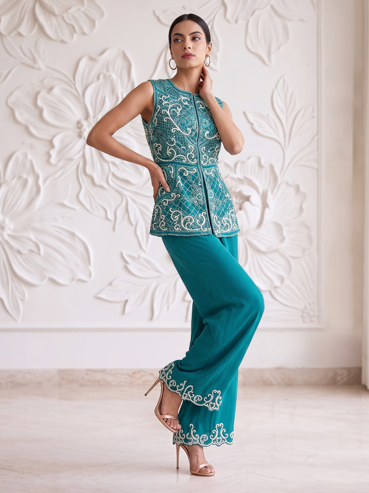 TEAL BLUE EMBROIDERED SLEEVELESS JACKET WITH PLAZZO