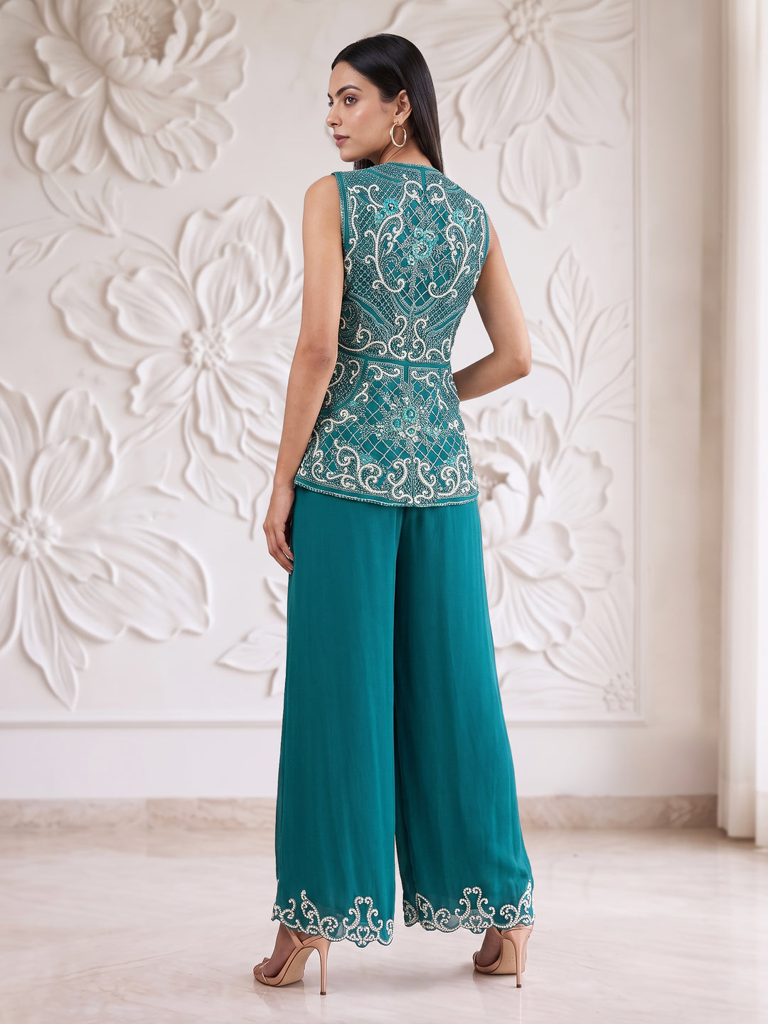 TEAL BLUE EMBROIDERED SLEEVELESS JACKET WITH PLAZZO