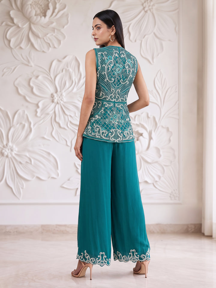 TEAL BLUE EMBROIDERED SLEEVELESS JACKET WITH PLAZZO