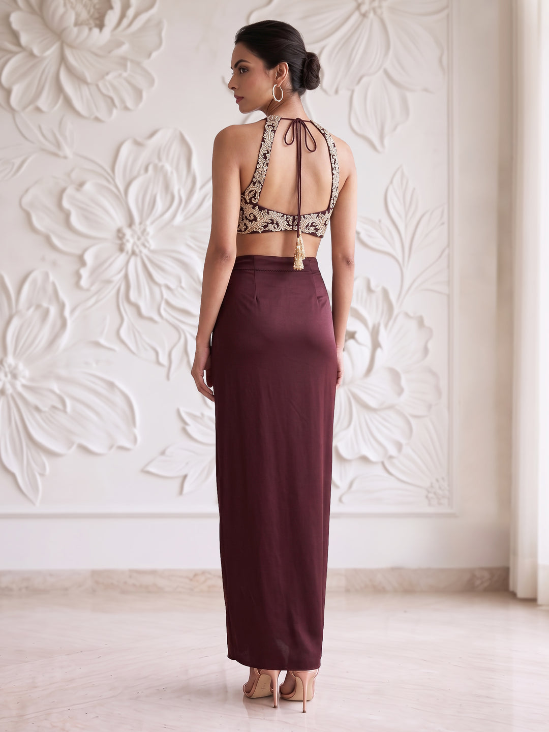CHOCOLATE BROWN EMBROIDERED BLOUSE WITH DRAPE SKIRT