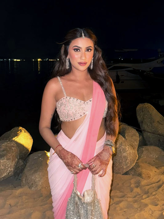 Pink Hand Embroidered Blouse with Ombre Pink Drape Saree