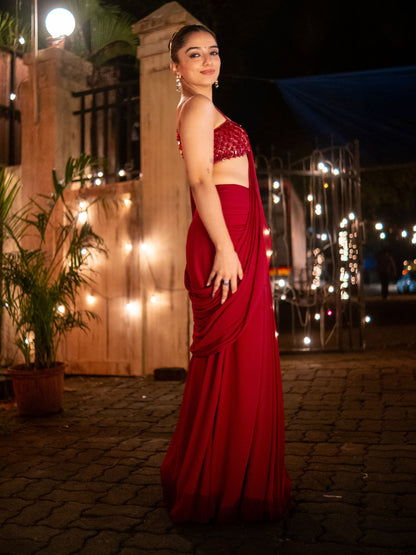 Alamkara Red Blouse With Hip Ruched Saree