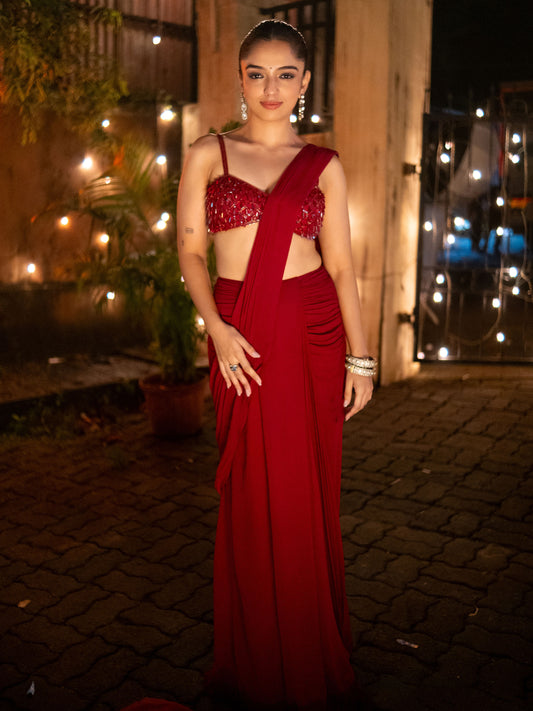 Alamkara Red Blouse With Hip Ruched Saree