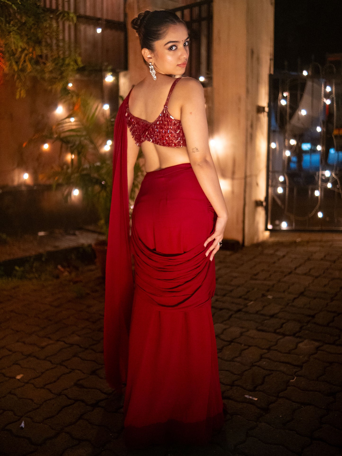 Alamkara Red Blouse With Hip Ruched Saree