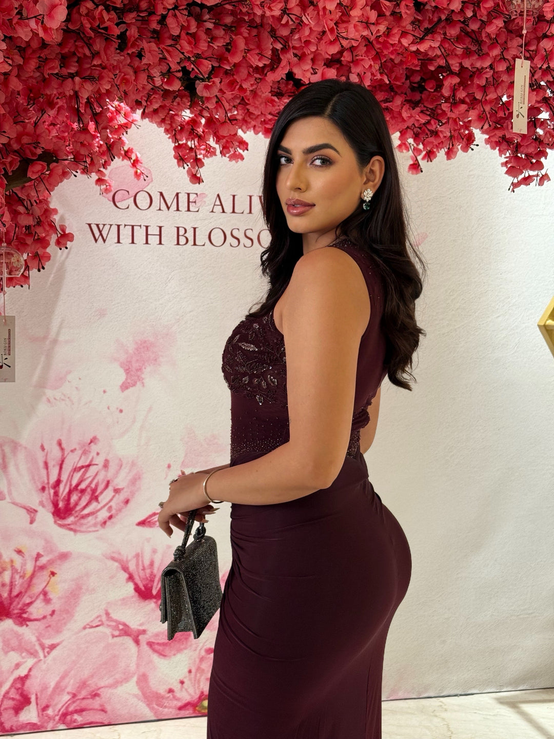 Burgundy Hand Embroidered Mesh and Lycra Draped Gown