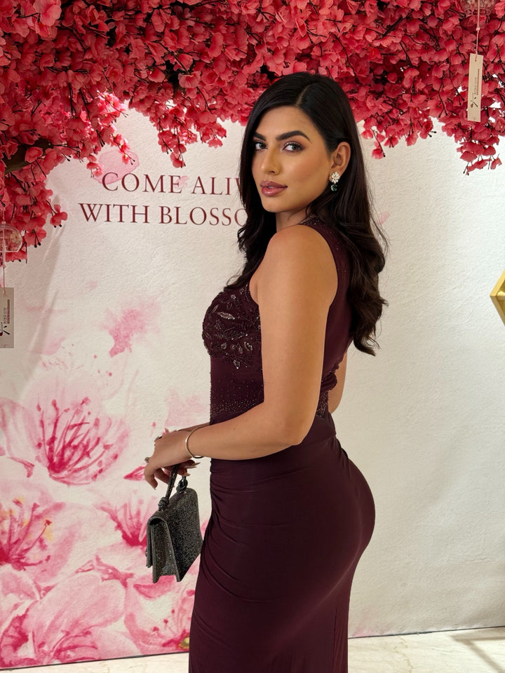 Burgundy Hand Embroidered Mesh and Lycra Draped Gown