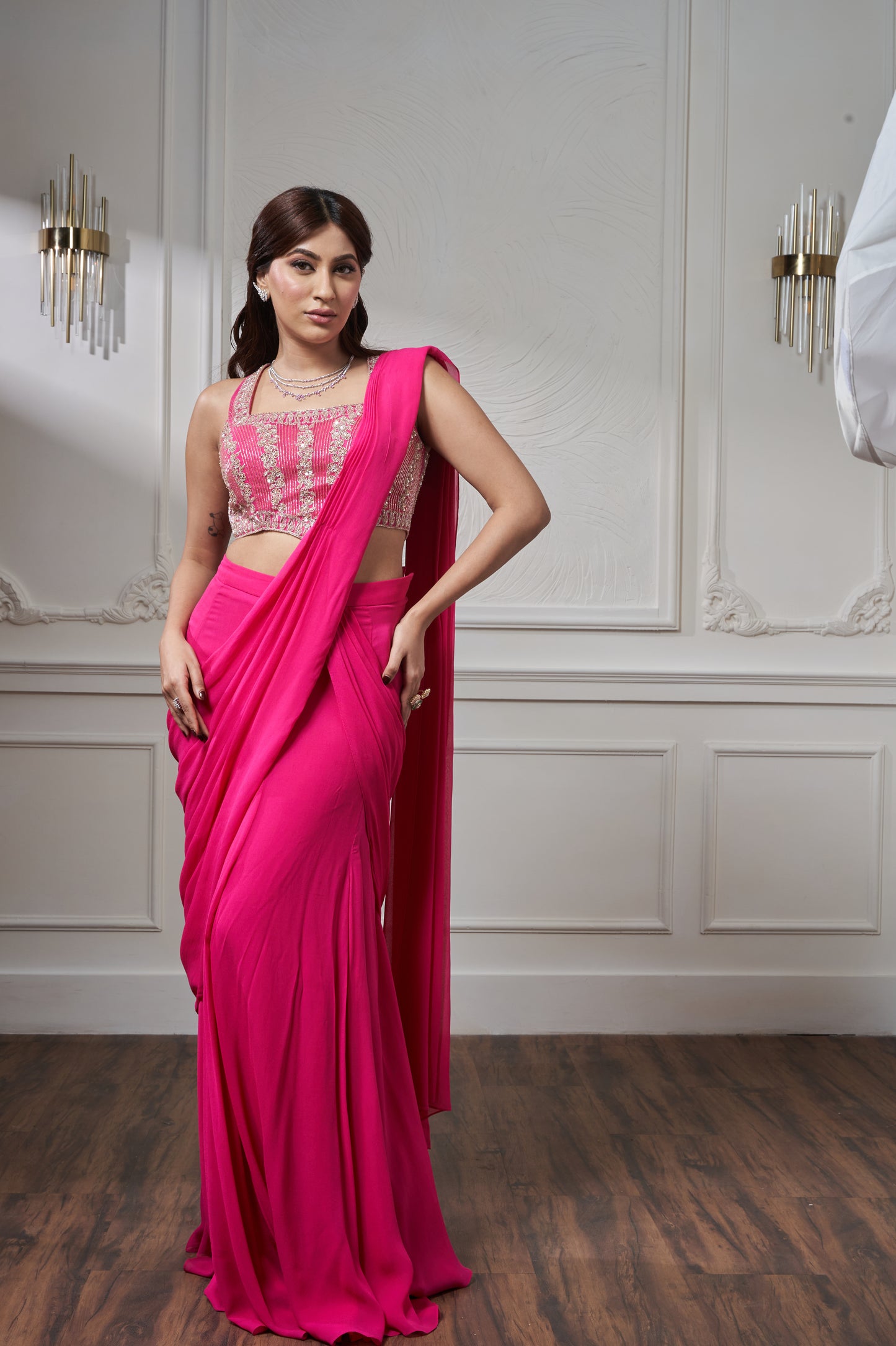 Fuchsia Pink Hand Embroidered Drape Saree Set