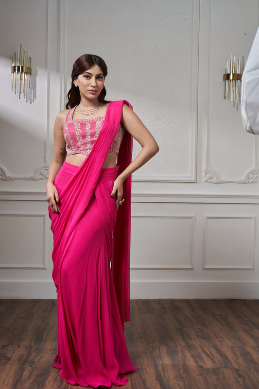 Fuchsia Pink Hand Embroidered Drape Saree Set
