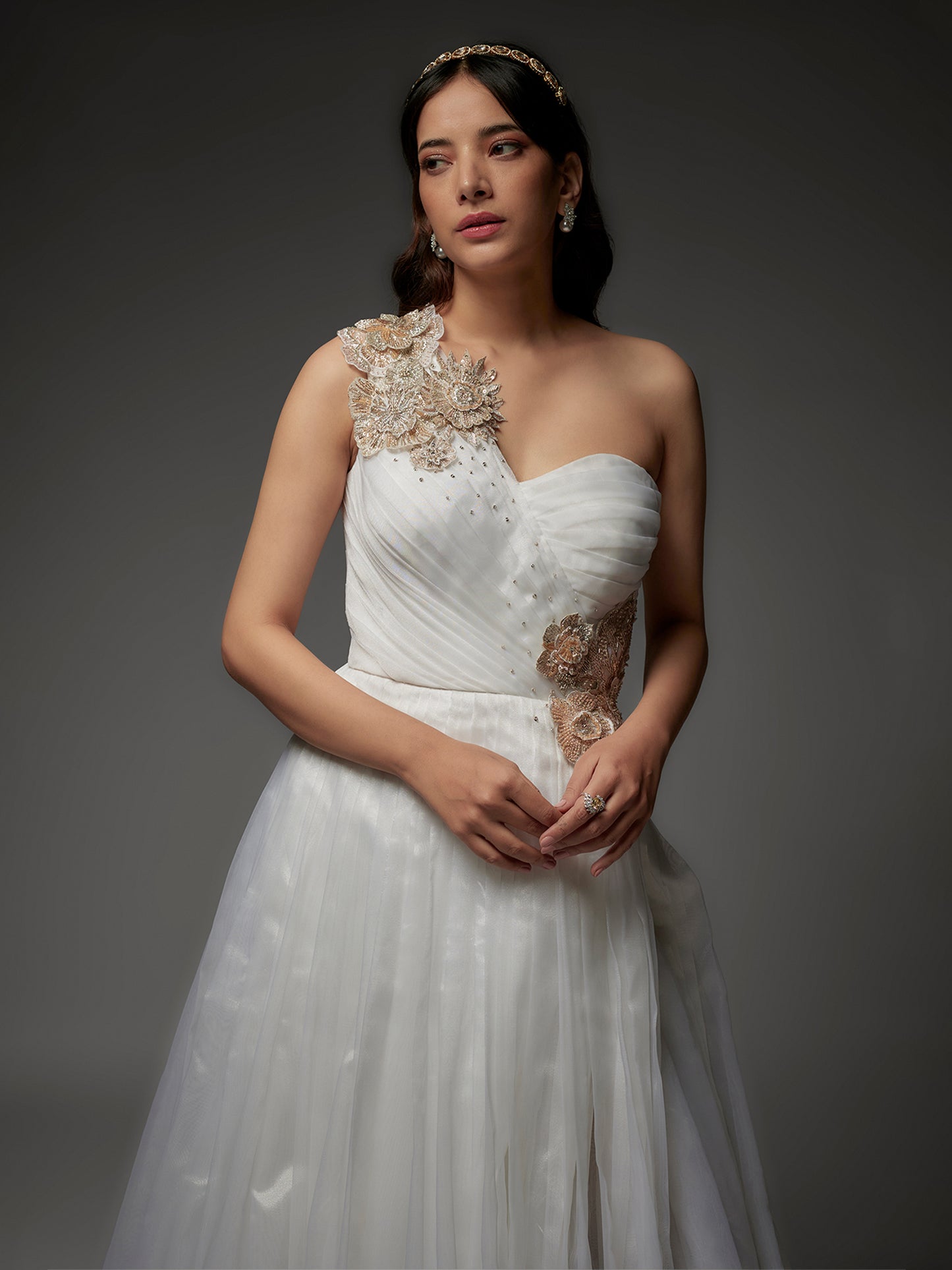 White Net Hand Embroidered Draped Gown with Applique Work