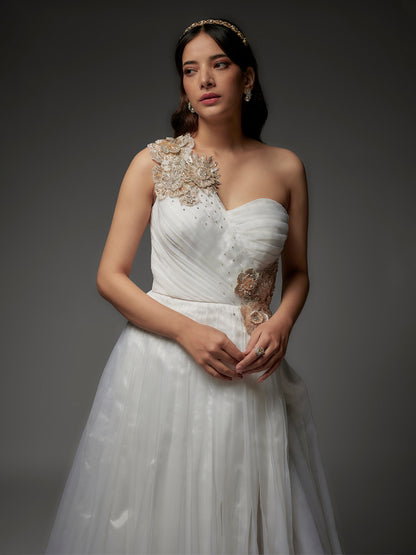White Net Hand Embroidered Draped Gown with Applique Work