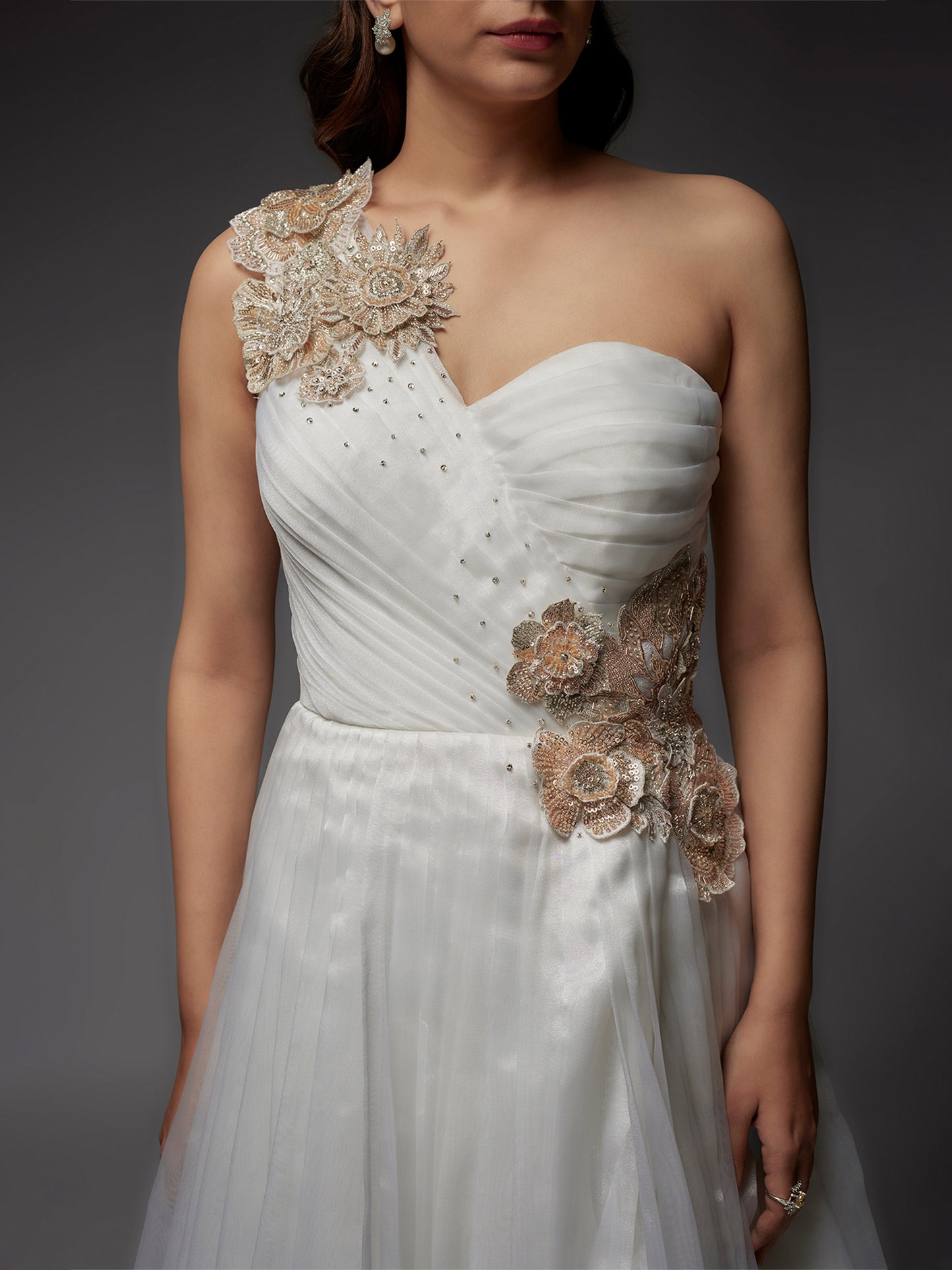 White Net Hand Embroidered Draped Gown with Applique Work
