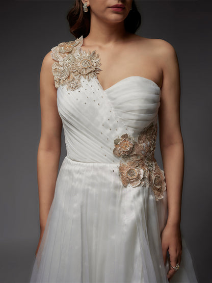 White Net Hand Embroidered Draped Gown with Applique Work