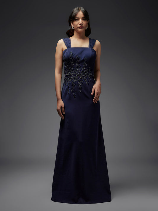 Navy Embroidered Lycra Gown