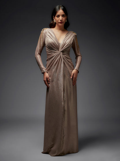 Gold Front Twist Draped Gown