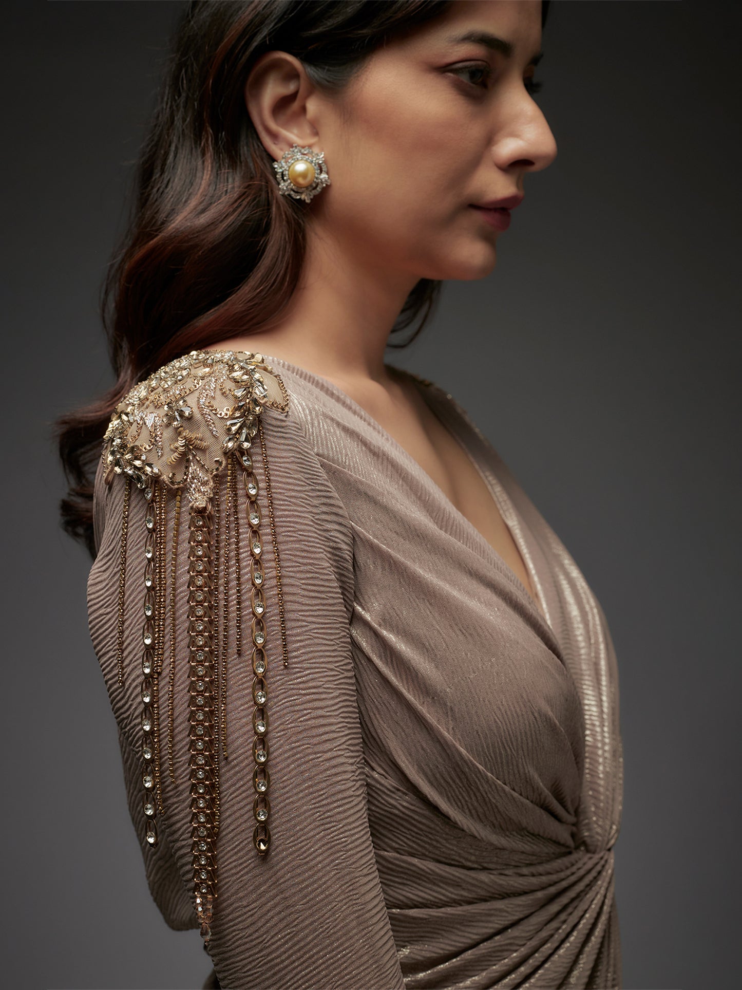 Gold Front Twist Draped Gown