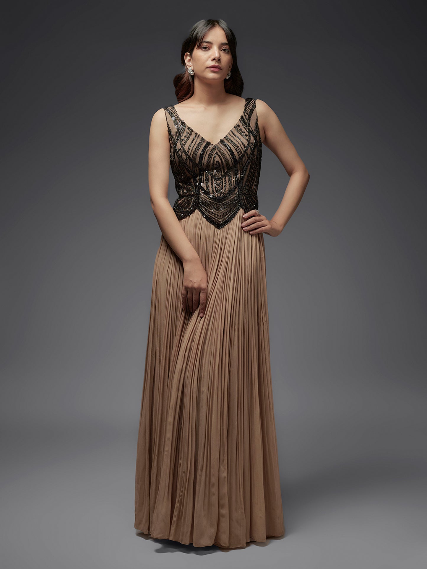 Black and Nude Beaded Georgette Gown