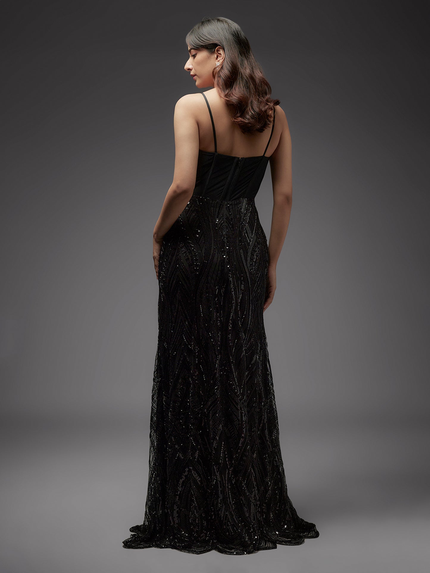 Black Beaded Net Work Corset Gown