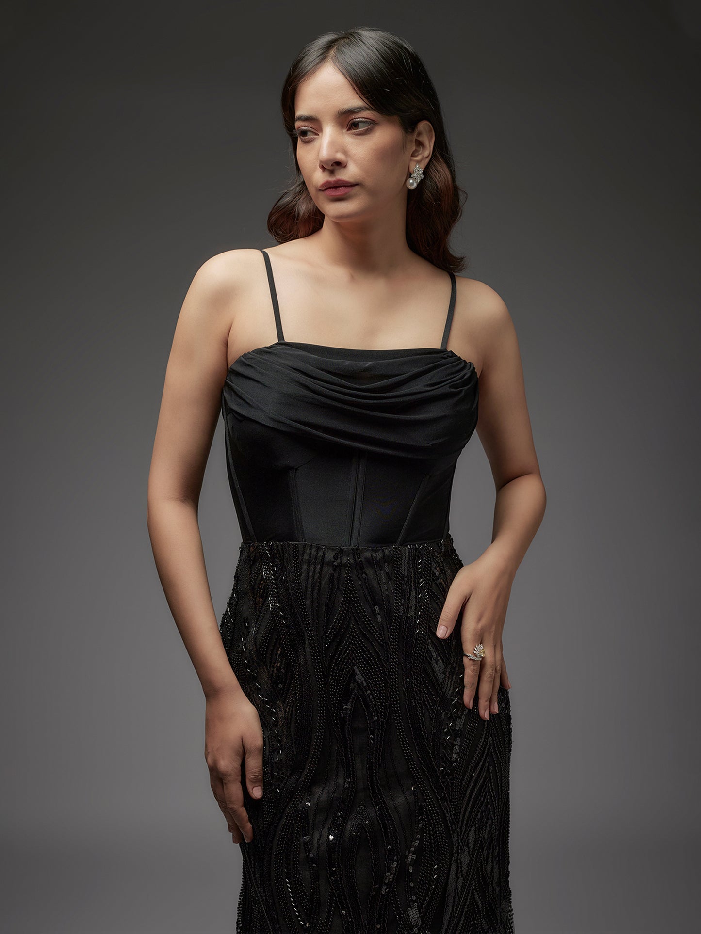 Black Beaded Net Work Corset Gown