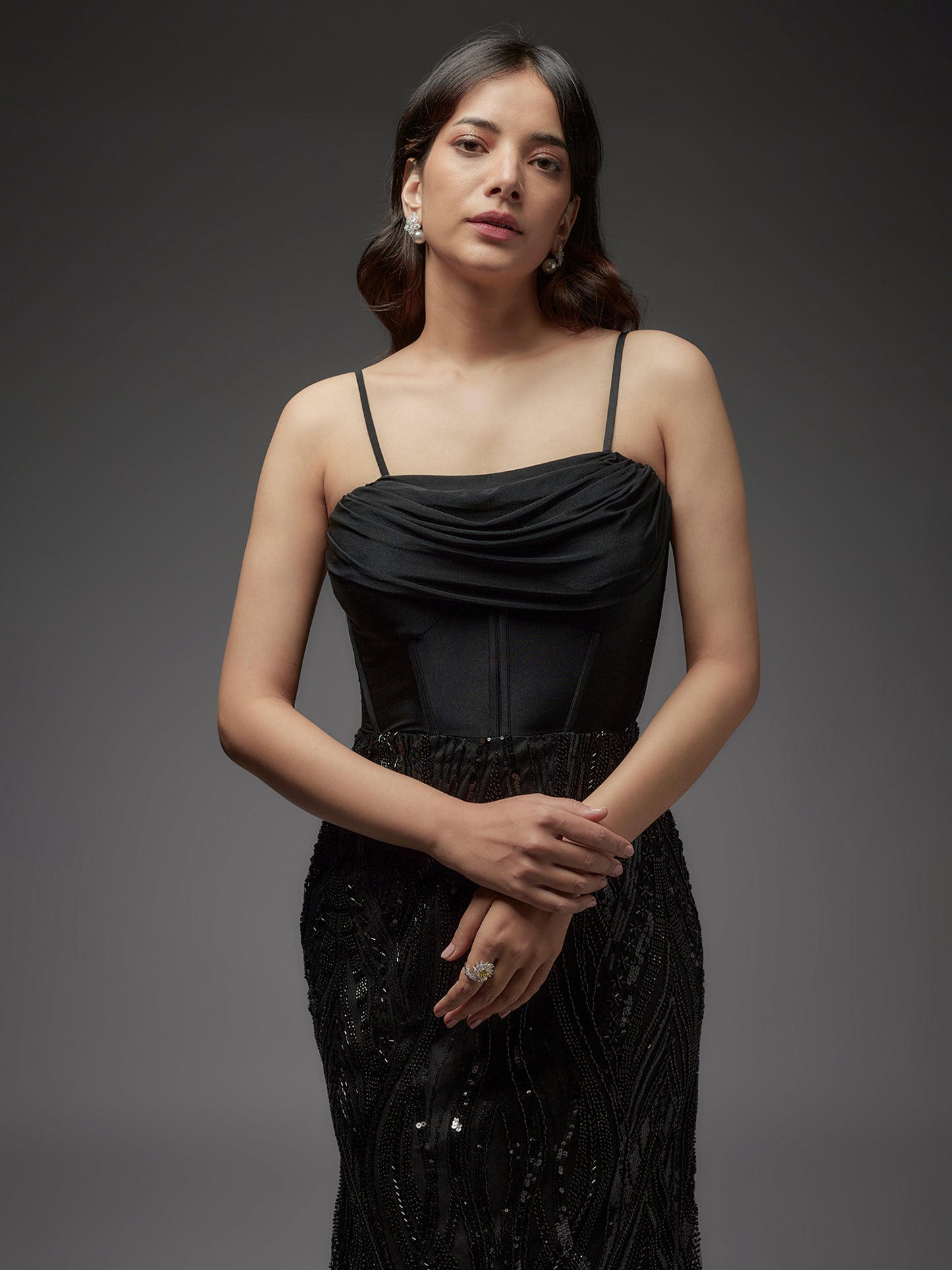 Black Beaded Net Work Corset Gown